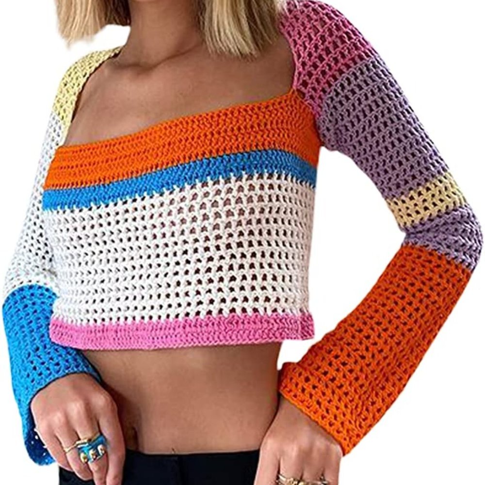 Long Sleeve Knit Crochet Crop Top